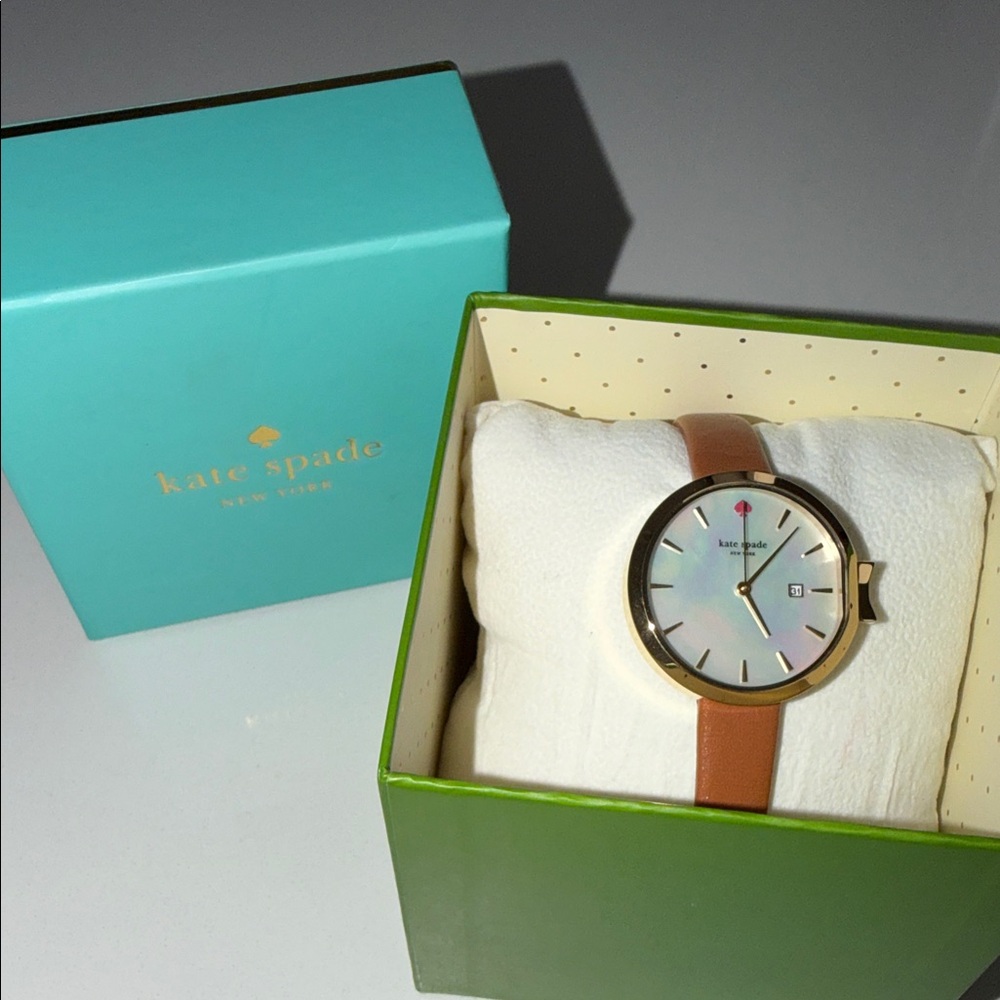 kate spade Gold Case Watch with Brown Leather Strap and Mother-of-Pearl Dial